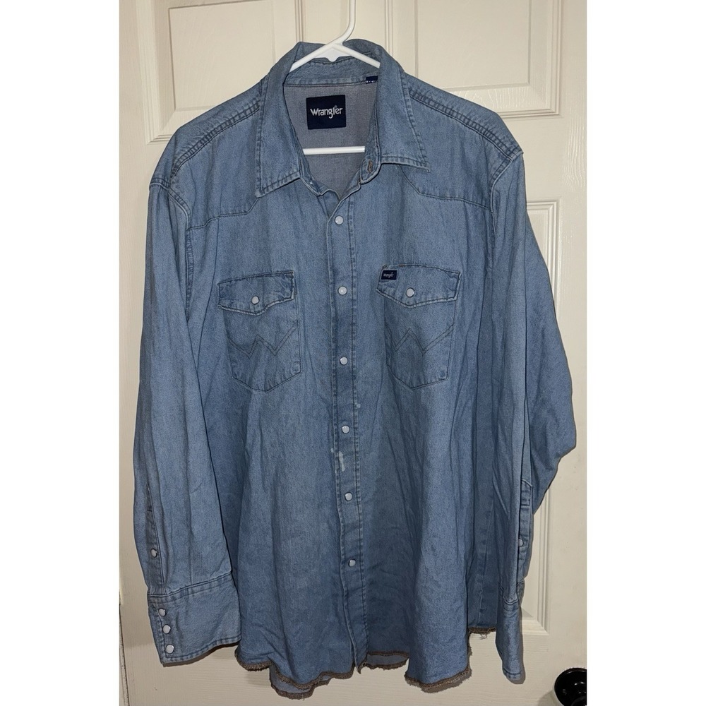Wrangler Western Pearl Snap Denim Cowboy Selvedge Shirt Mens Sz Xxl Bleach Stain
